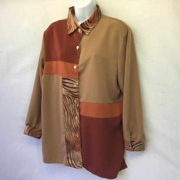 Maggie Sweet Womens Top Brown Long Sleeve Button Up Blouse Tunic Shirt Padded PL - Picture 4 of 8